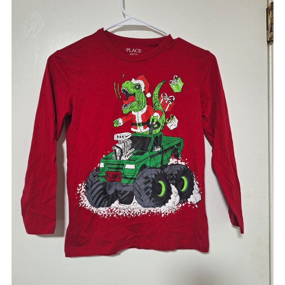 The Children's Place Boys Red Dinosaur Christmas Graphic Long Sleeve Tee 7/8